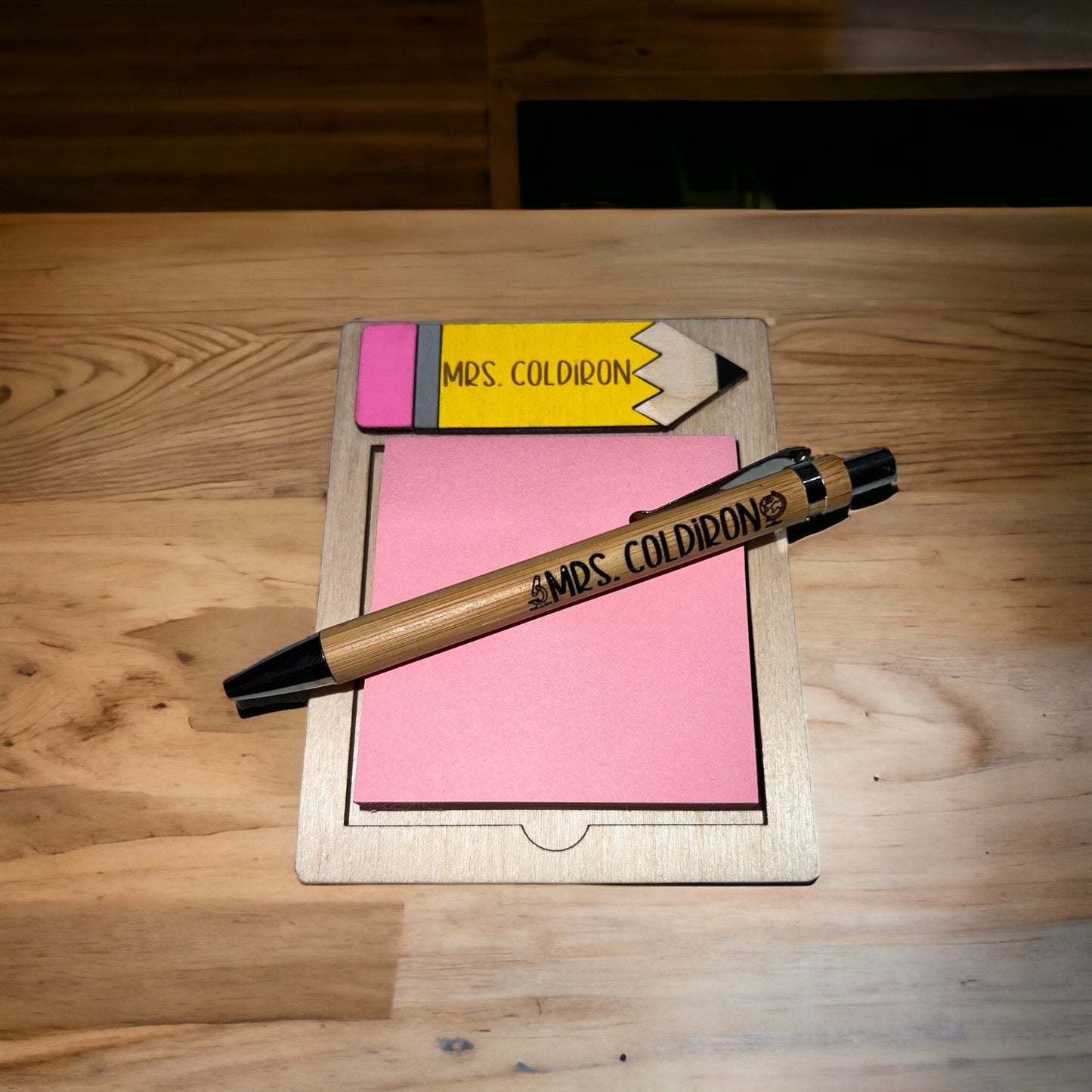 Personalized teacher sticky note holder w/ personalized pen