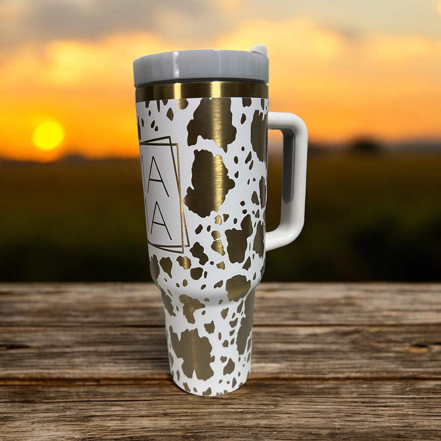 Mama Cow Print 30oz Laser Engraved Tumbler | Gold underlay engraved 30oz Tumbler