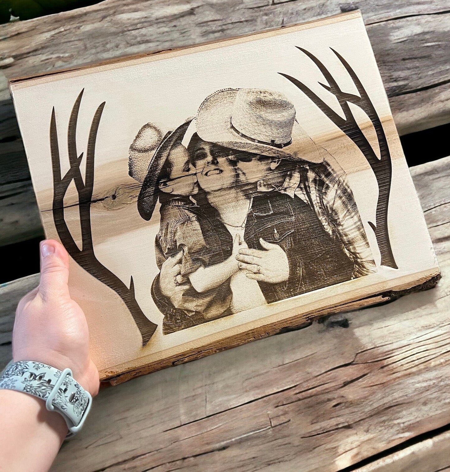 Custom Engraved Live Edge Wood Wall Hanger Personalized With Your Photo