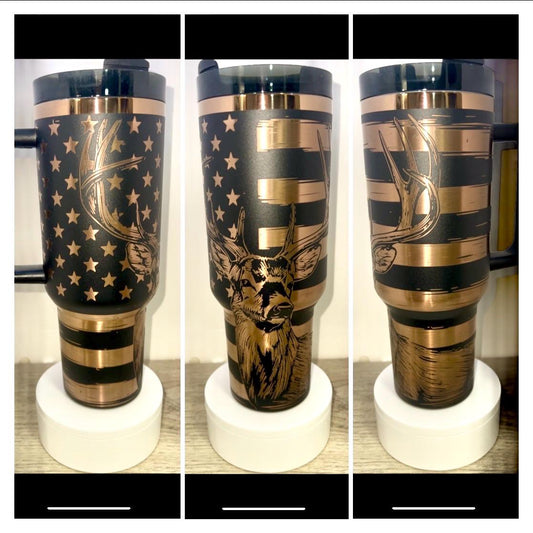 American Flag Deer | Hunting 40oz Laser Engraved Tumbler | Gold Underlay 40oz Tumbler