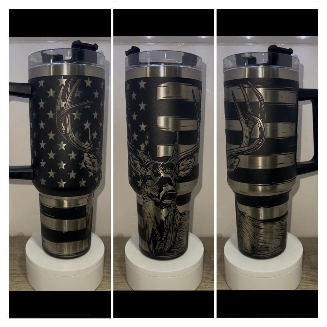 American Flag Deer | Hunting 40oz Laser Engraved Tumbler | Gold Underlay 40oz Tumbler